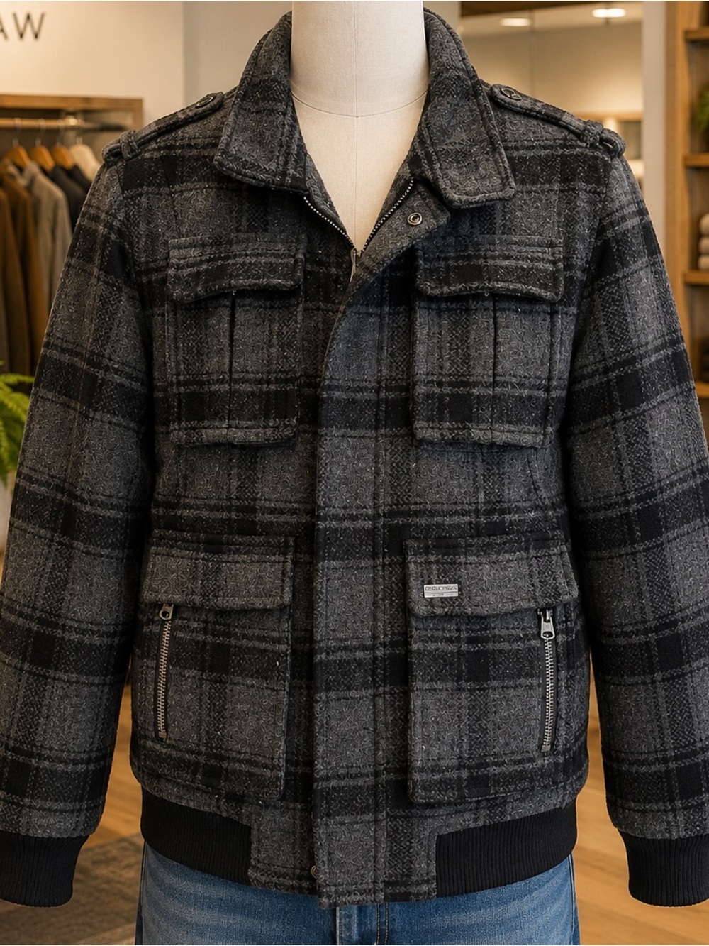 Projek Raw Wool Blend Plaid Bomber Jacket Gray Black Utility Zip Snap Men’s L - Picture 1 of 13
